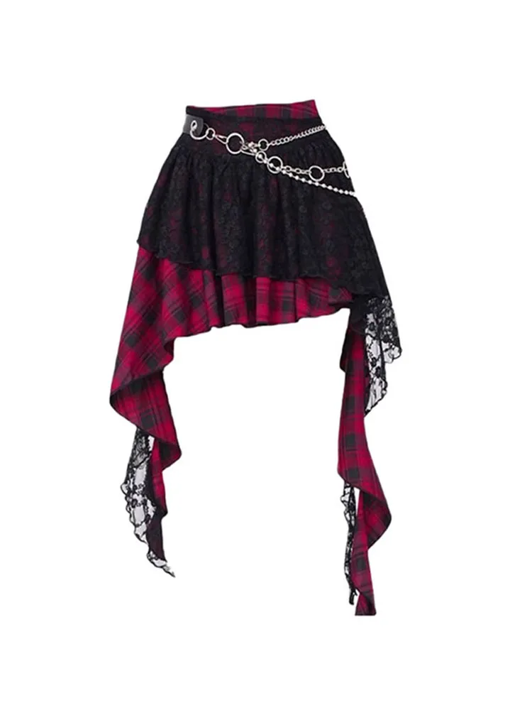 Y2K 밀레니엄 스파이시 걸 체크 레이스 스커트 여성 여름 디자인 비대칭 튤 스커트 하이웨이스트 A라인