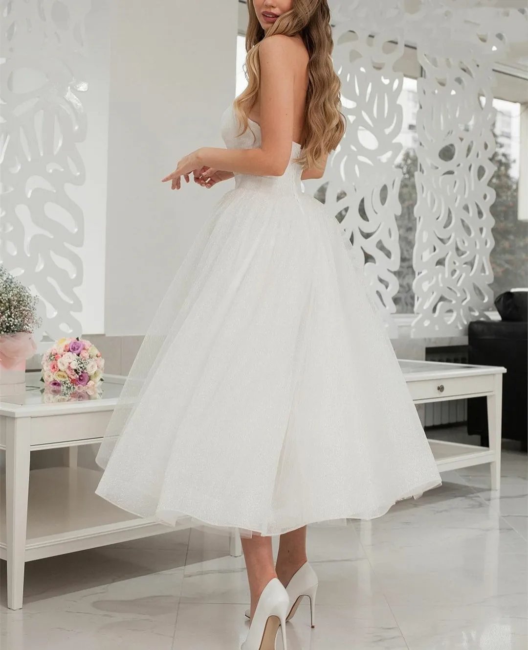 Claasical Short Tulle Ivory Sweetheart Wedding Dress Vestido De Novia A Line Pleated Tea Length Bridal Gowns