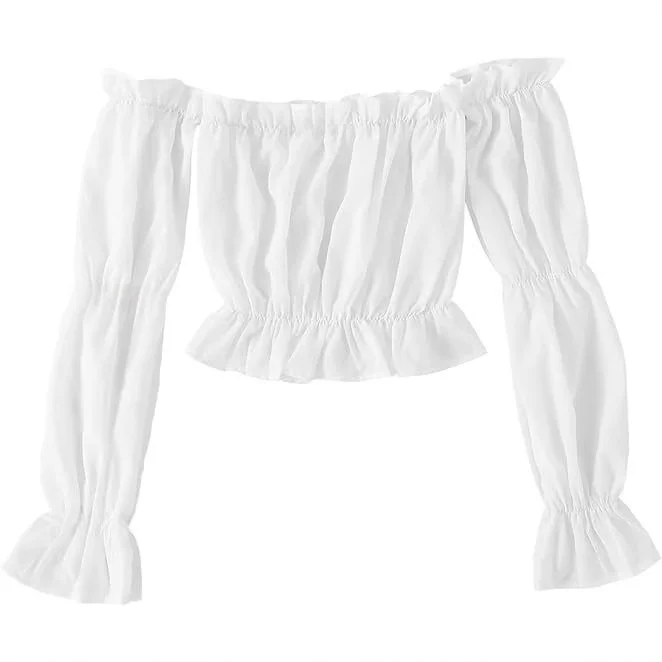 

Ruffled oulder Renaissance Sle irt Lace Trim Top Women's Spring Faion Ele Casual Pure Color Blouse