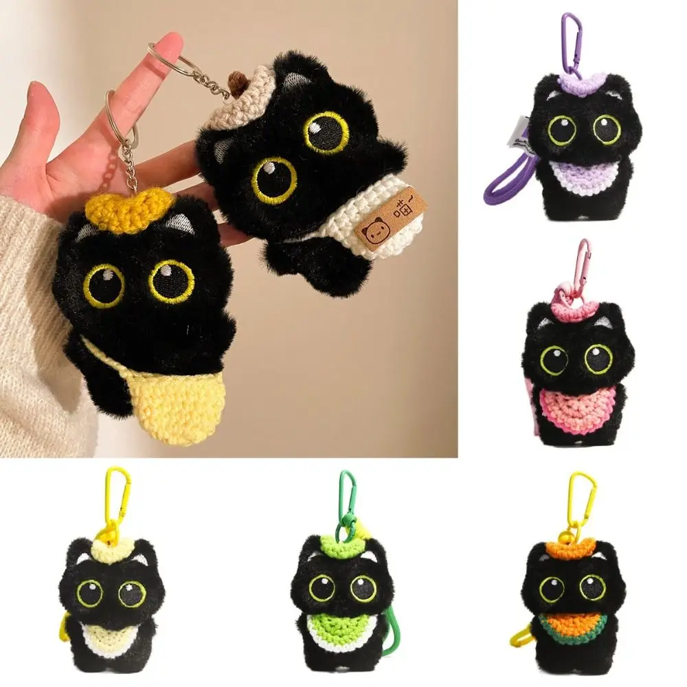 Novo bonito gato preto boneca de pelúcia chaveiro com chapéu de malha babador boneca saco pingente bolsa de ombro chaveiro do carro saco escolar decoração
