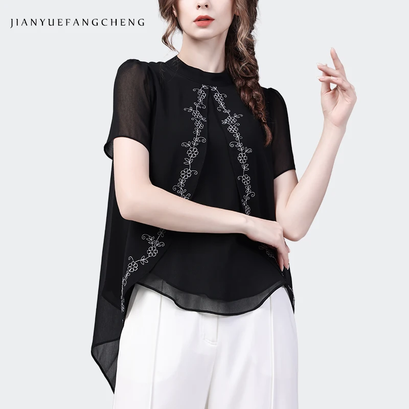 2024 Summer Design Short sleeved Black Chiffon Cloak Top Women\'s Embroidered Bottom Casual Blouses Western Style Shirt