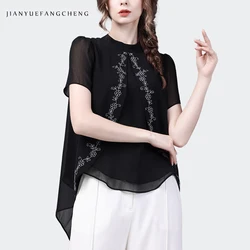 2024 Summer Design Short sleeved Black Chiffon Cloak Top Women's Embroidered Bottom Casual Blouses Western Style Shirt