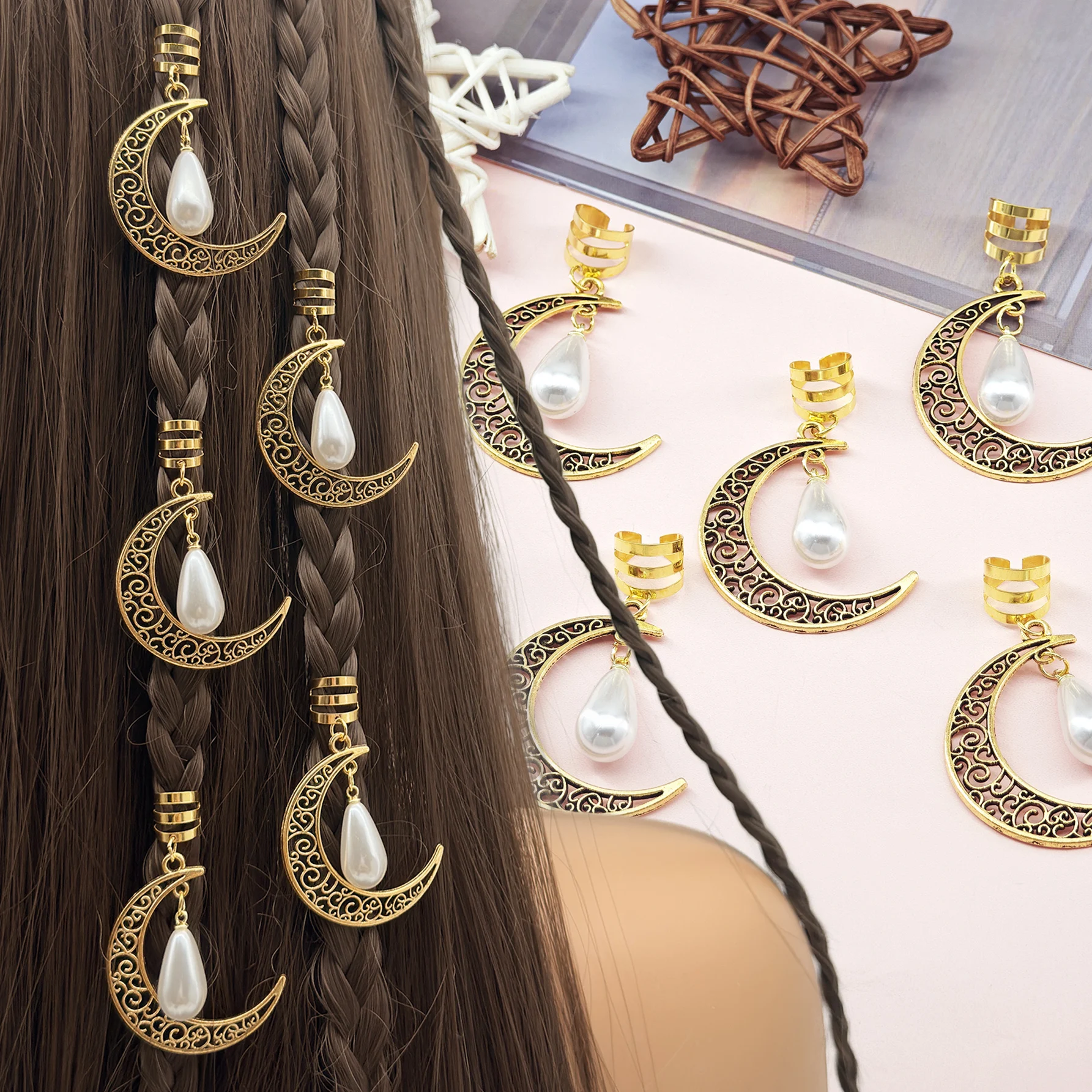 5 Stück Mond mit Perlengeflecht-Haarspangen, strukturierte Metallperlen-Haarnadeln, stilvolle Haar-Accessoires, Haarspangen, Schulmaterial