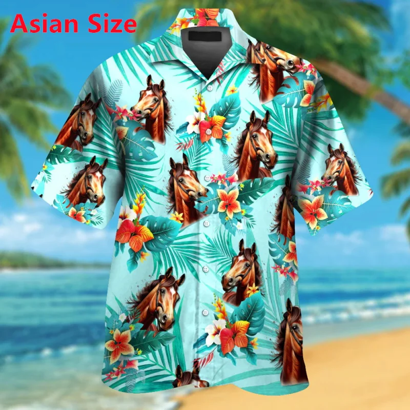 All Over Print Colorful Horse Hawaiian Shirts For Men Summer Short Sleeve Button Up Beach Shirts Blouse Mens Lapel Shirt Tops