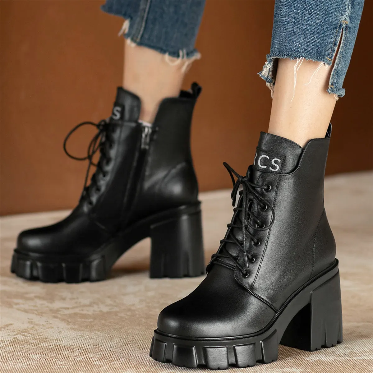 

Platform Pumps Shoes Women Lace Up Genuine Leather High Heel Ankle Boots Female Winter Round Toe Fashion Sneakers Casual Shoes