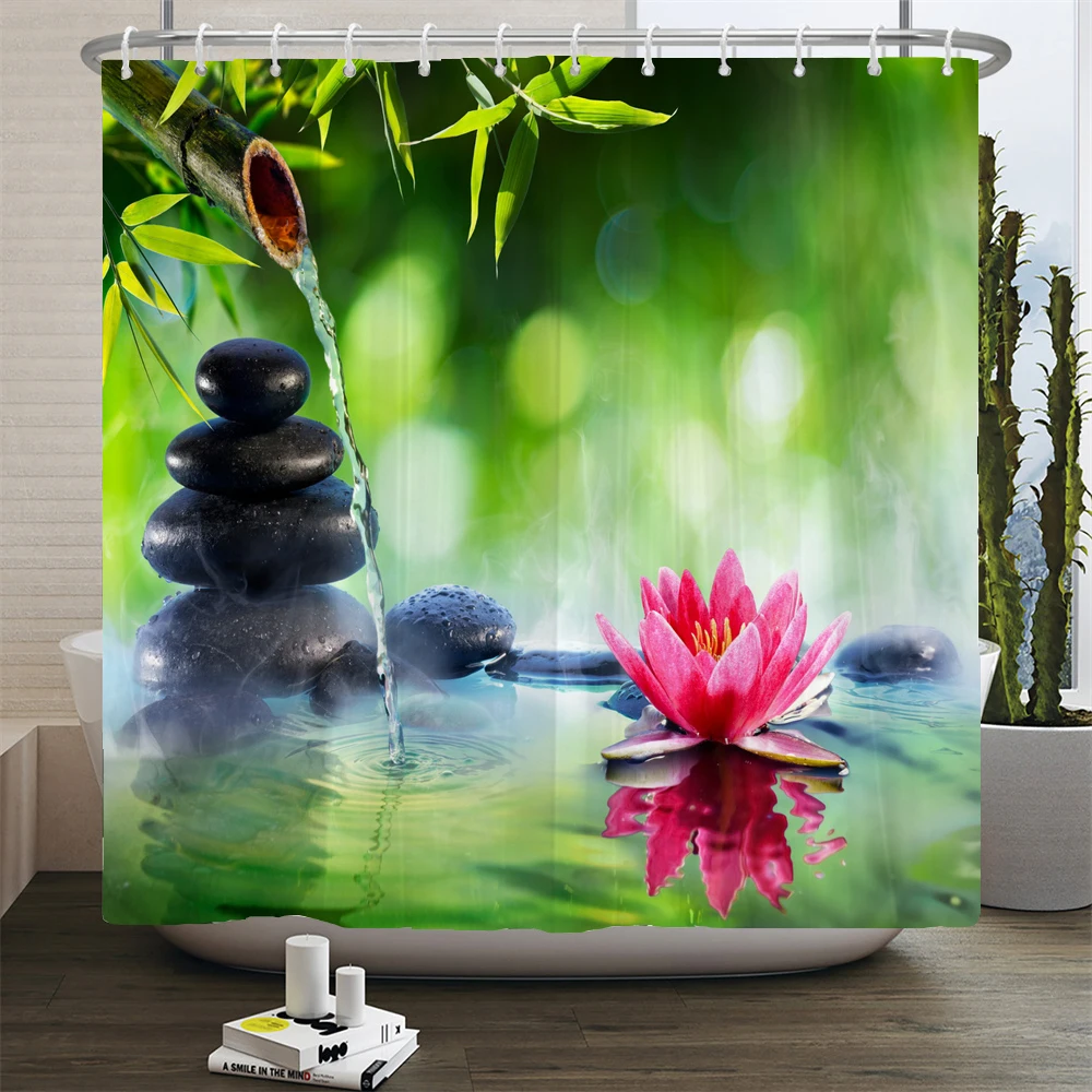 Zen tenda da doccia decorazione del bagno 3D bambù acqua corrente verde bambù Buddha tende da doccia schermo lavabile impermeabile