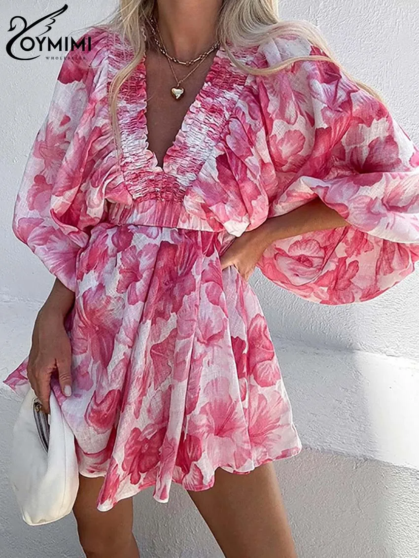 Oymimi Elegant Pink Loose Dresses For Women Casual Print V-Neck Lantern Sleeve Dressse Summer High Waist Mini Dress Streetwear