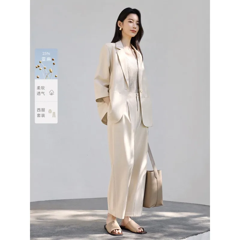 

New High Quality Linen Autumn Women's Two Piece Set Elegant Office Lady Long Sleeve Split Blazer + Casual Pants Fashion Suit