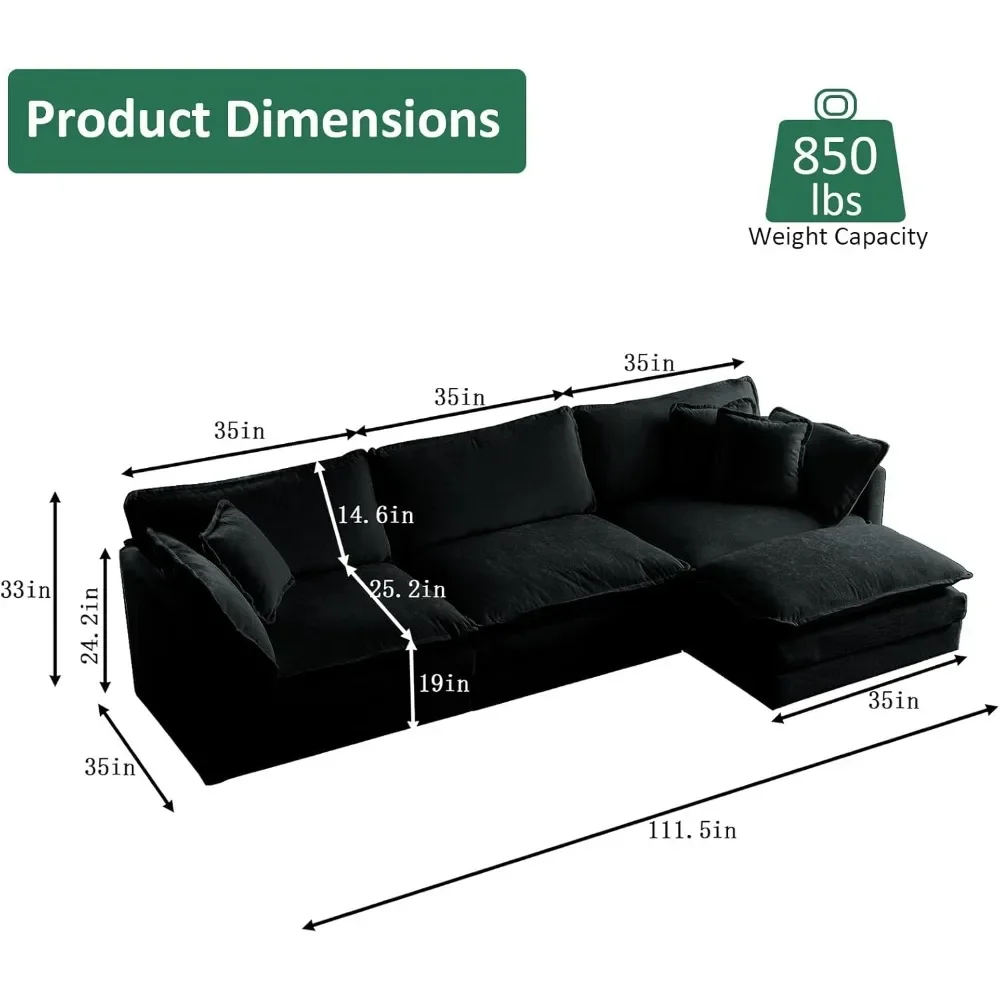 Chenille L-Shaped Modular Sectional Sofa, Modern 3-Seater Comfy Deep Seat Cloud Couch with Ottoman/Chaise & 5 Pillows, 111.5”W