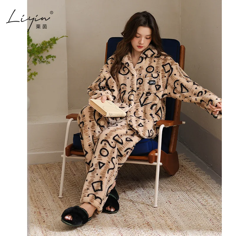 

Pjs Set Women's Pajama Set Fleece-Lined and Thickened Women's Warm Winter Pajamas Fashionable Home Clothespajamas Pajama Set