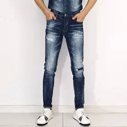 Moda uliczna Męskie dżinsy Wysokiej jakości retro niebieskie rozciągliwe Slim Fit Ripped Jeans Męskie malowane markowe spodnie jeansowe w stylu vintage