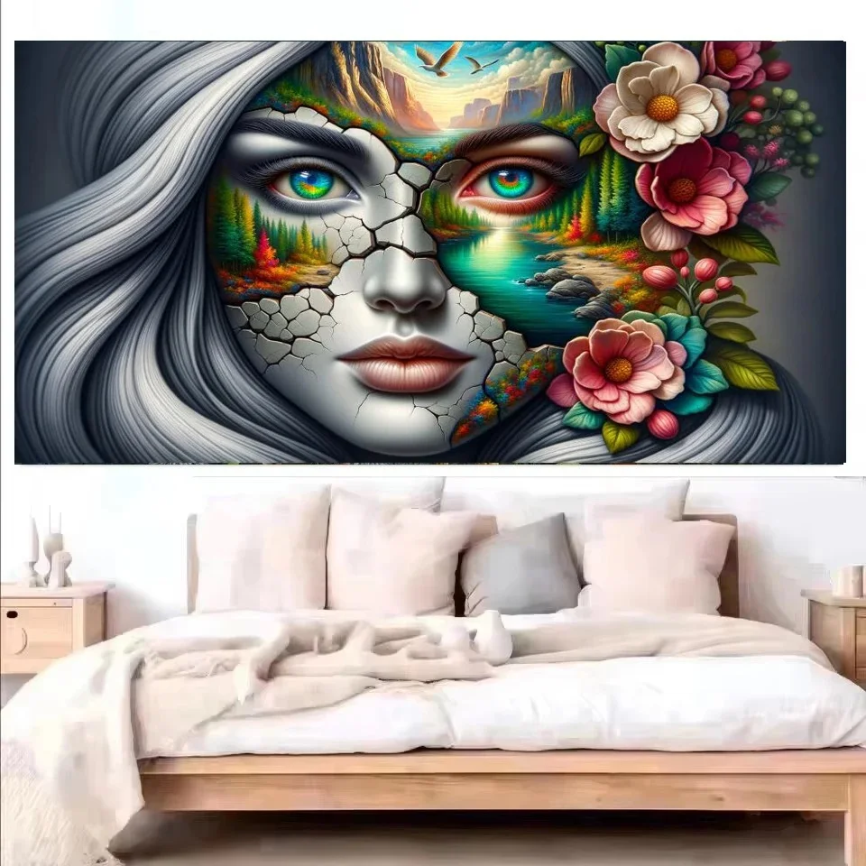 Woman's Face with Striking Fantasy Forest Stream Landscape,Diy Diamond Painting Large Size Mosaic Embroidery Cross Stitch Kits