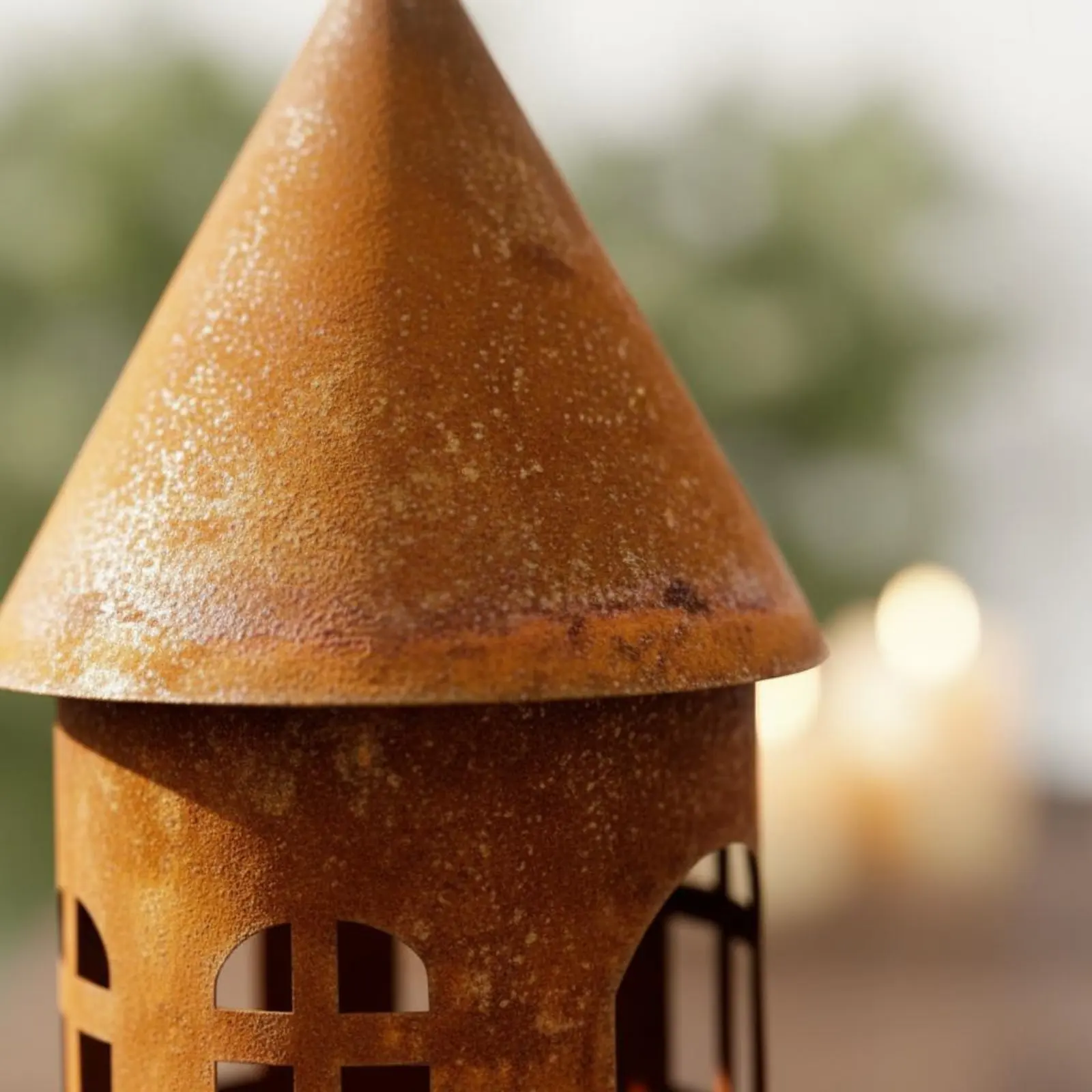 Weathered Metal House Lantern Hanging Castle Candle Holder for Patio, Balcony view 5