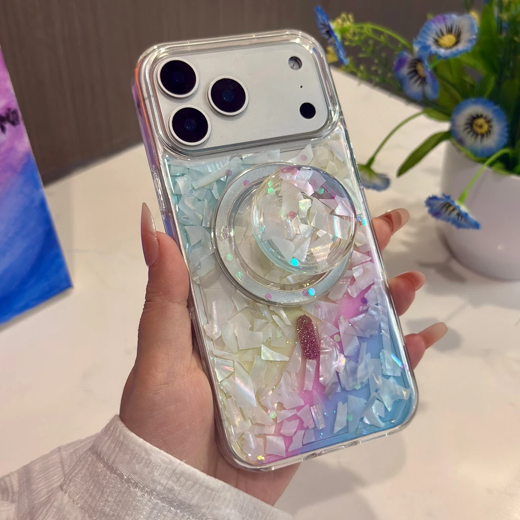 

Advanced Dreamy Colorful Shell Glitter With Holder Magnetic Shock Proof Phone Cover Case for iPhone 17 16 15 14 Pro Max Plus