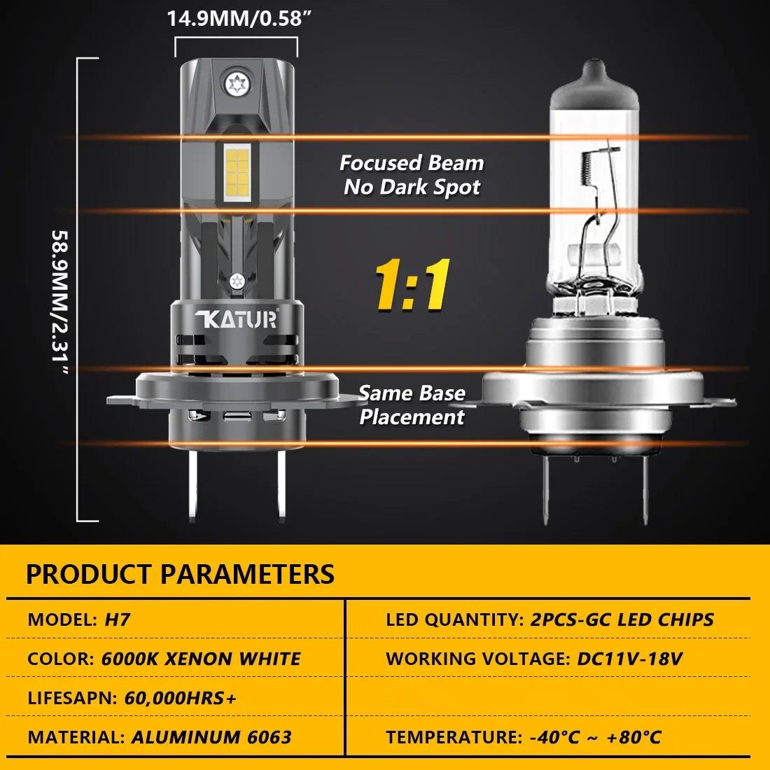 Katur 2szt H7 Trubo LED Canbus Żarówka reflektora 20000LM 100W do BMW E60 F10 F30 E46 Mercedes Benz W204 W203 W211 W212 VW Audi A3 — zdjęcie 3