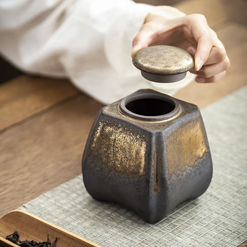 Modern Rust Glaze Ceramic Jar Square Sealed Moisture-Proof Storage Jar Craft Vintage Gilded Ceramic Tea Canister Home Decoration