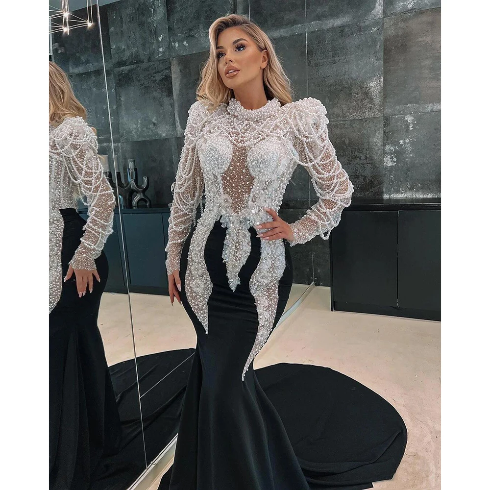 

Luxury Exquisite Pearls Mermaid Evening Dress Sexy Glitter Lace Applique Arabic Trumpet Long Sleeve Bridal Gowns Robe De Soirée