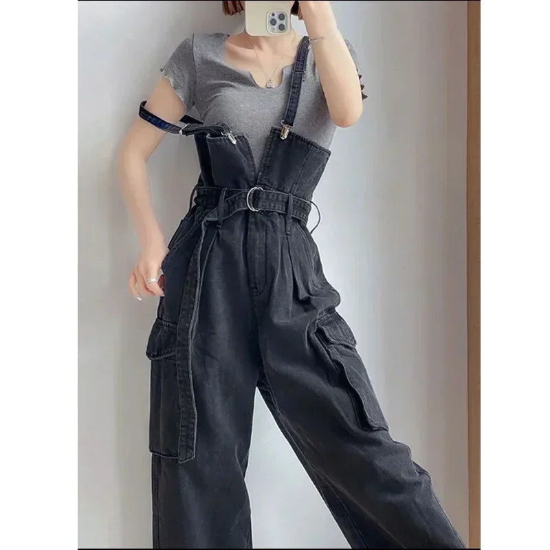 

Denim Jumpsuits Women High Waisted Cargo Trousers American Streetwear Teens Hipsters Pure Big Pockets Vintage Jean Wholesale