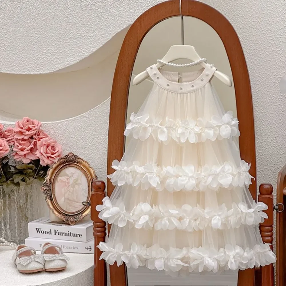 

Sweet and Cute Summer New Girl Princess Birthday Party Dress Hanging Neck 3D Flower Multi-layer Lace Fairy Costume Solid Color