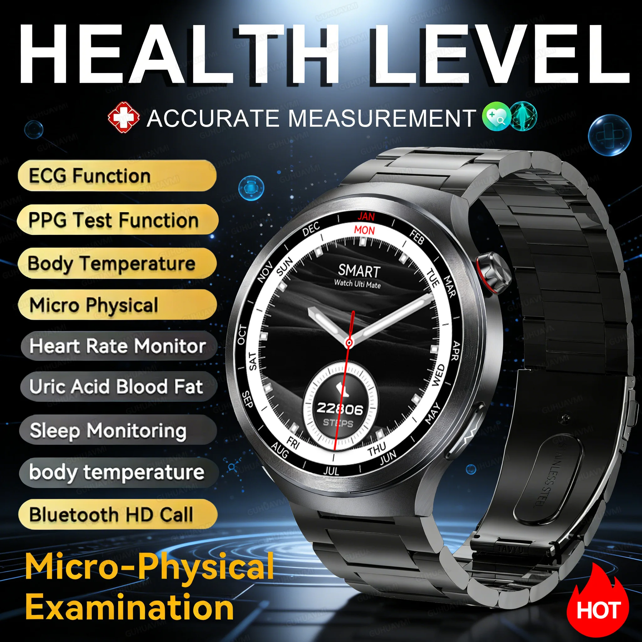 

2026 New health level Analysis ECG+PPG Smart Watch Uric Acid Body Fat HD Sapphire screen BT call NFC Smart Watch For Men Women