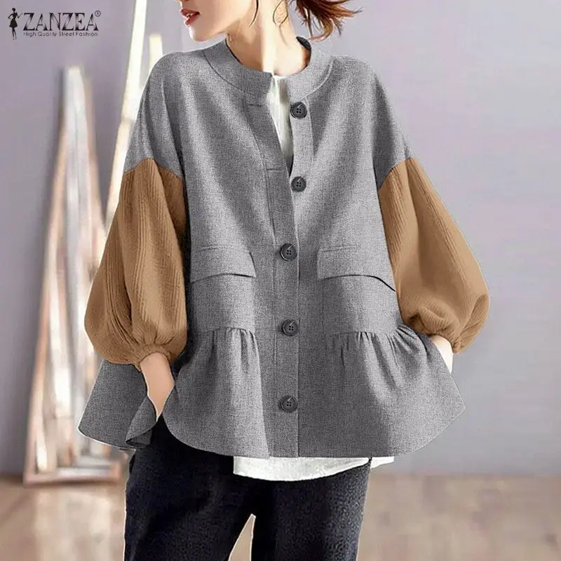 

ZANZEA Autumn Winter Long Sleeve Shirts Women Color Patchwork Blouse Spring Fashion Lantern Sleeve Casual Tops Tunic Oversized