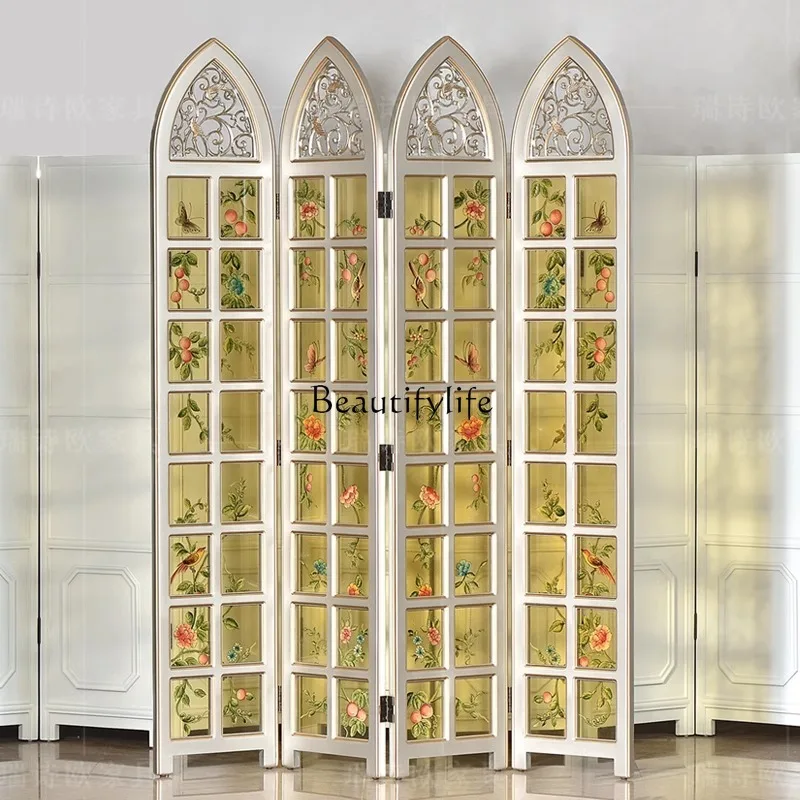 

3American country court style folding screen golden flower and bird translucent glass living room partition screen retro style
