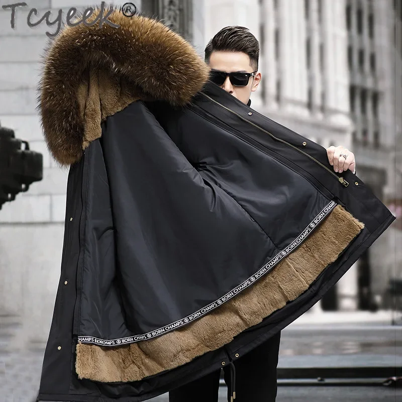 Tcyeek Warm Raccoon Dog Fur Collar Winter Jacket Men Fashion Rex Rabbit Fur Liner Detachable Parka Hooded Fur Coats Korean