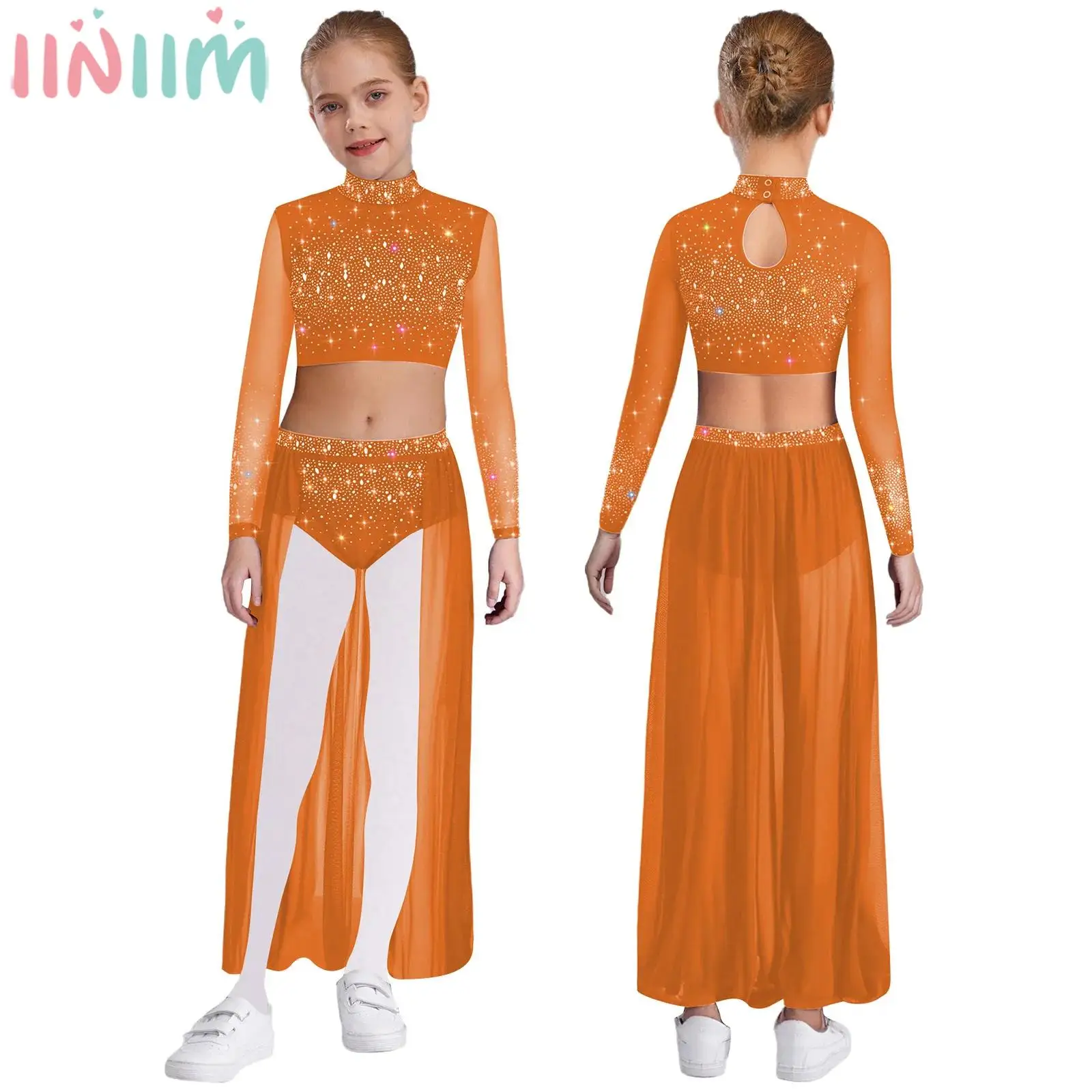 6-16Y الفتيات لامعة الراين الحديثة ملابس رقص غنائية المحاصيل الأعلى يوتار تنورة التزلج الجمباز البهلوانية ملابس الباليه #1