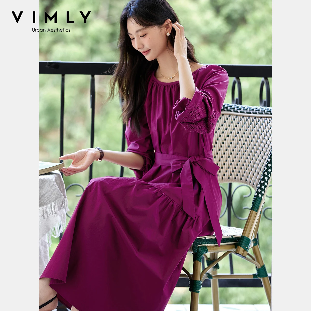 VIMLYชุดยาว 2025 ผู้หญิงฤดูใบไม้ร่วงElegant Partyผ้าฝ้ายปักHollow OutชุดรอบคอA-Line LadyชุดA2013