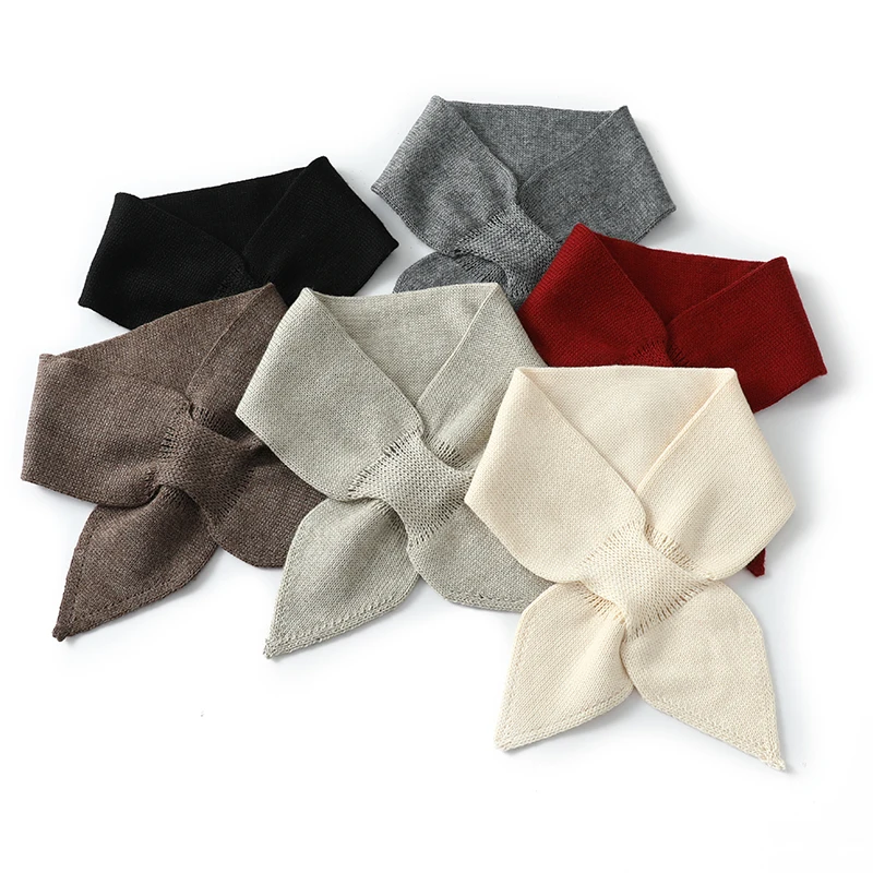 Elegant Knitted Cross Small Scarf For Women Winter Soft Warm Wool Blend Bowtie Neck Warmer Korea Fashion Solid  False Collar