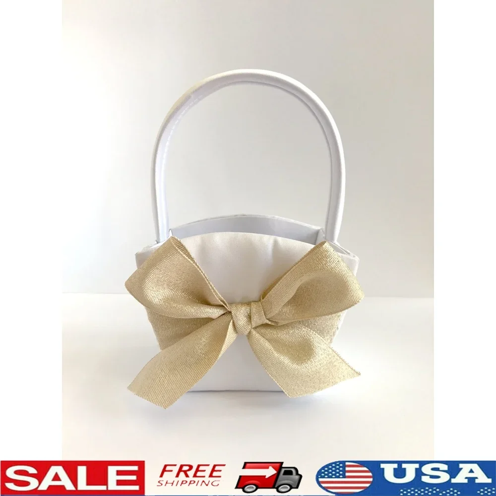 

Adorable Satin Fabric Flower Girl Basket with Glitter Bow Handles Weddings Petals Storage Gifts