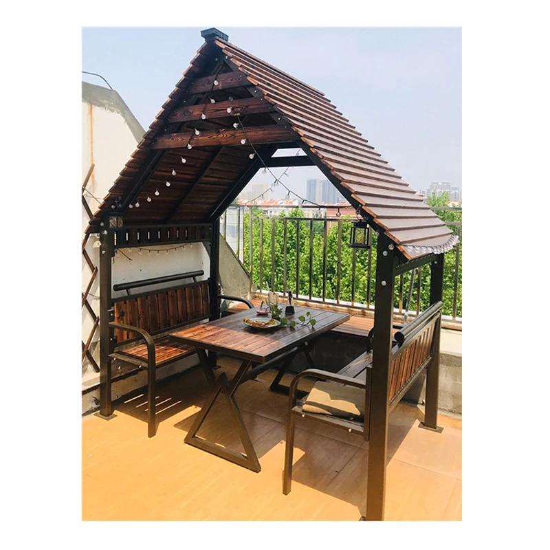 Gazebo de Madera para Exteriores de Estilo Moderno con 2 Bancos, Estructura con Recubrimiento en Polvo, Iluminación LED - 2.21m X 1.34m X 2.5m
