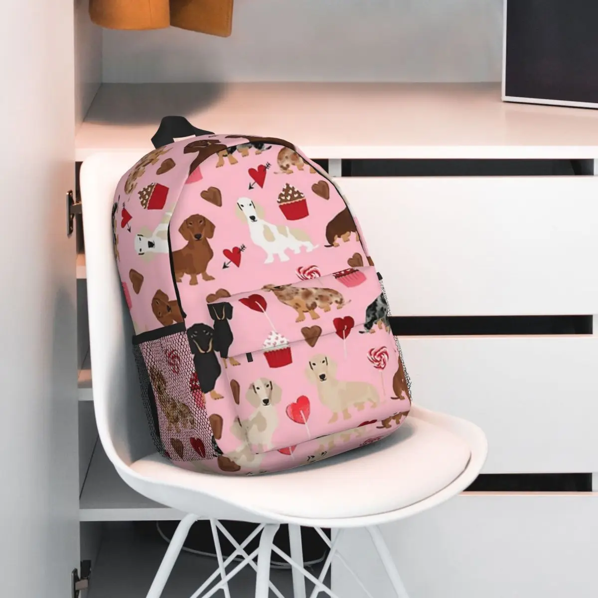 Mochila escolar informal ligera con estampado de corazones y galletas de perros salchicha para la escuela, al aire libre, compras, oficina de 15 pulgadas