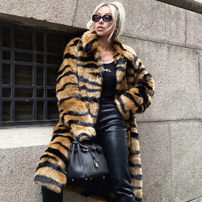 Women Imitation Tiger Faux long coat Loose Slim Fit high street Thick Round Neck Long Sleeve Stripe Button Pockets Autumn winter