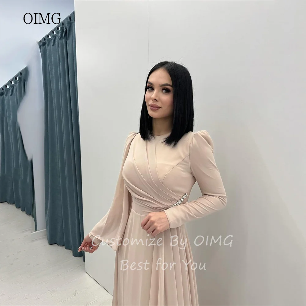 OIMG Elegant Blue A-line Prom Gowns Long Sleeve Formal Party Gown Chiffon Floor Length Evening Dress vestidos de fiesta