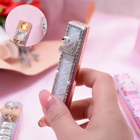 New Diamond USB Women's Lighter Metal Windproof Portable Rechargeable Lighter Cigarette Accessories Women's Cute Gift