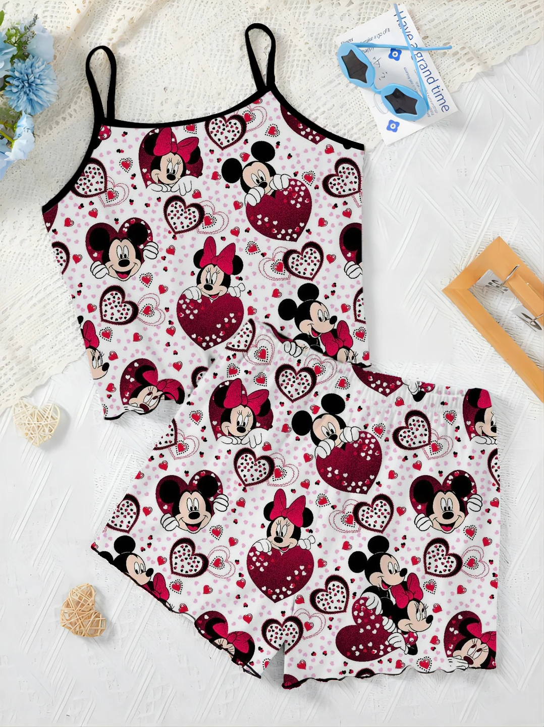 Ensemble pyjama et t-shirt Disney pour femme, robe de maison Disney, Minnie Mouse, ensembles courts, haut à garniture en laitue,