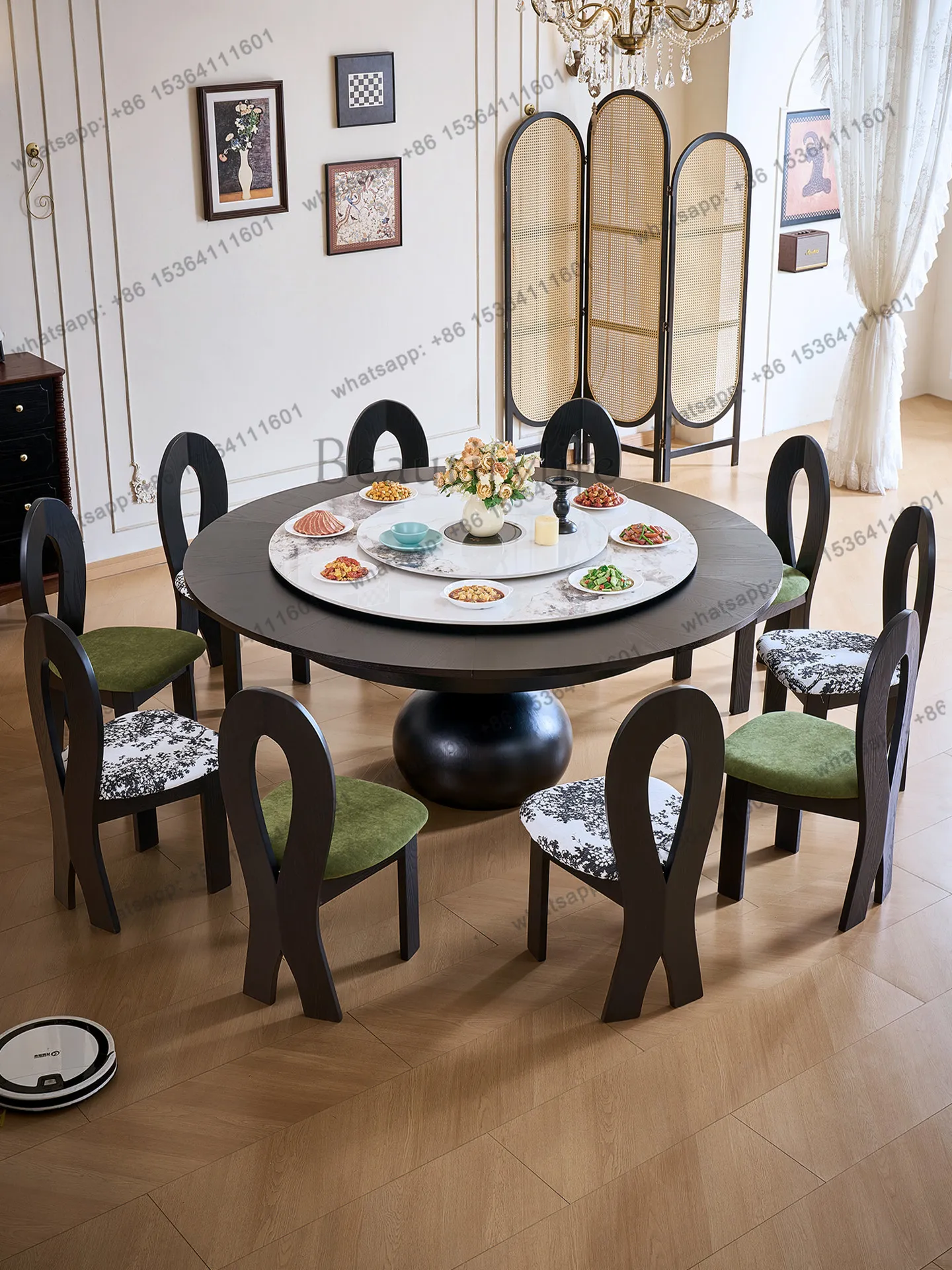 8Rock slab rotating retractable dining table can be expanded and deformed multifunctional folding round table French ash wood