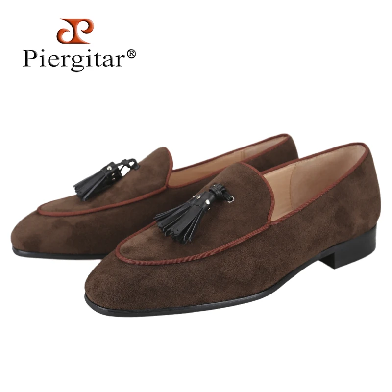 Piergitar Summer New Style Handmade Leather Tassels Slip-On Loafers Classic Design Men's Smoking Slippers For Party Red Outsole