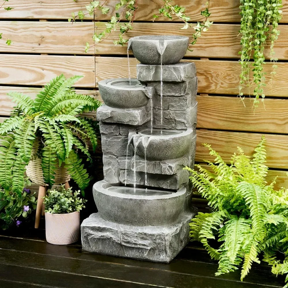 Home 33.25 in. Cascading Bowls and Stacked Stones LED Outdoor Water Fountain for Gardens, Landscaping, Patios, Balconies, and