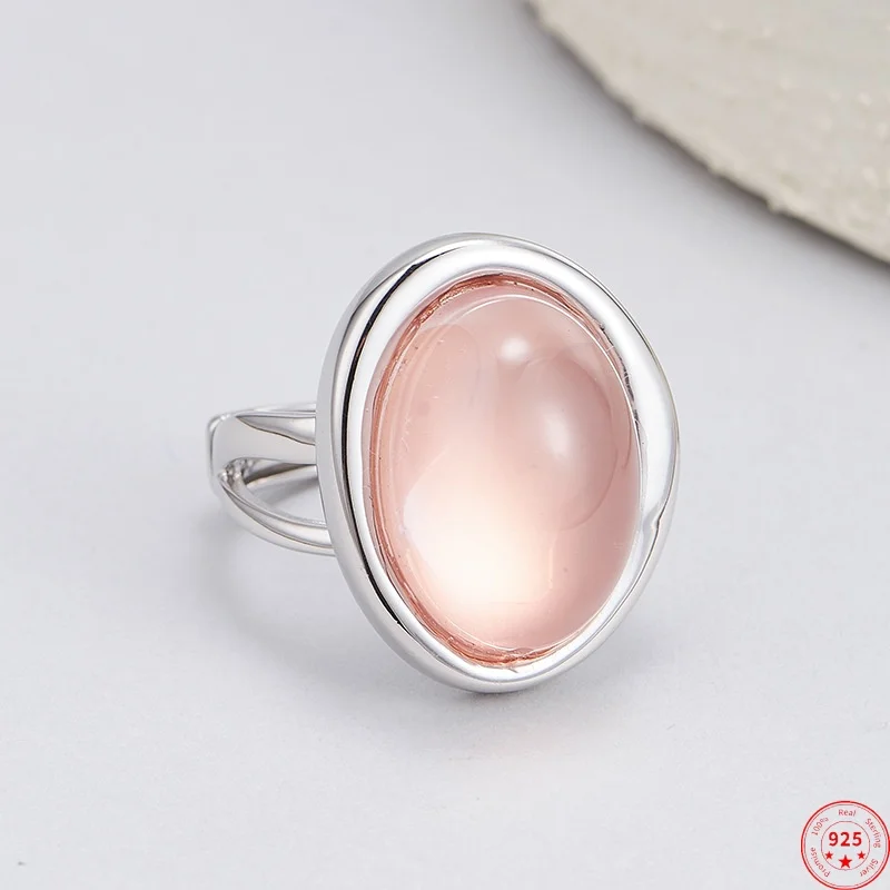 

S925 Sterling Silver Rings for Women Men Minimalist Geometric Pattern Inlaid Natural Rose Quartz CaboChon Jewelry Wholesale