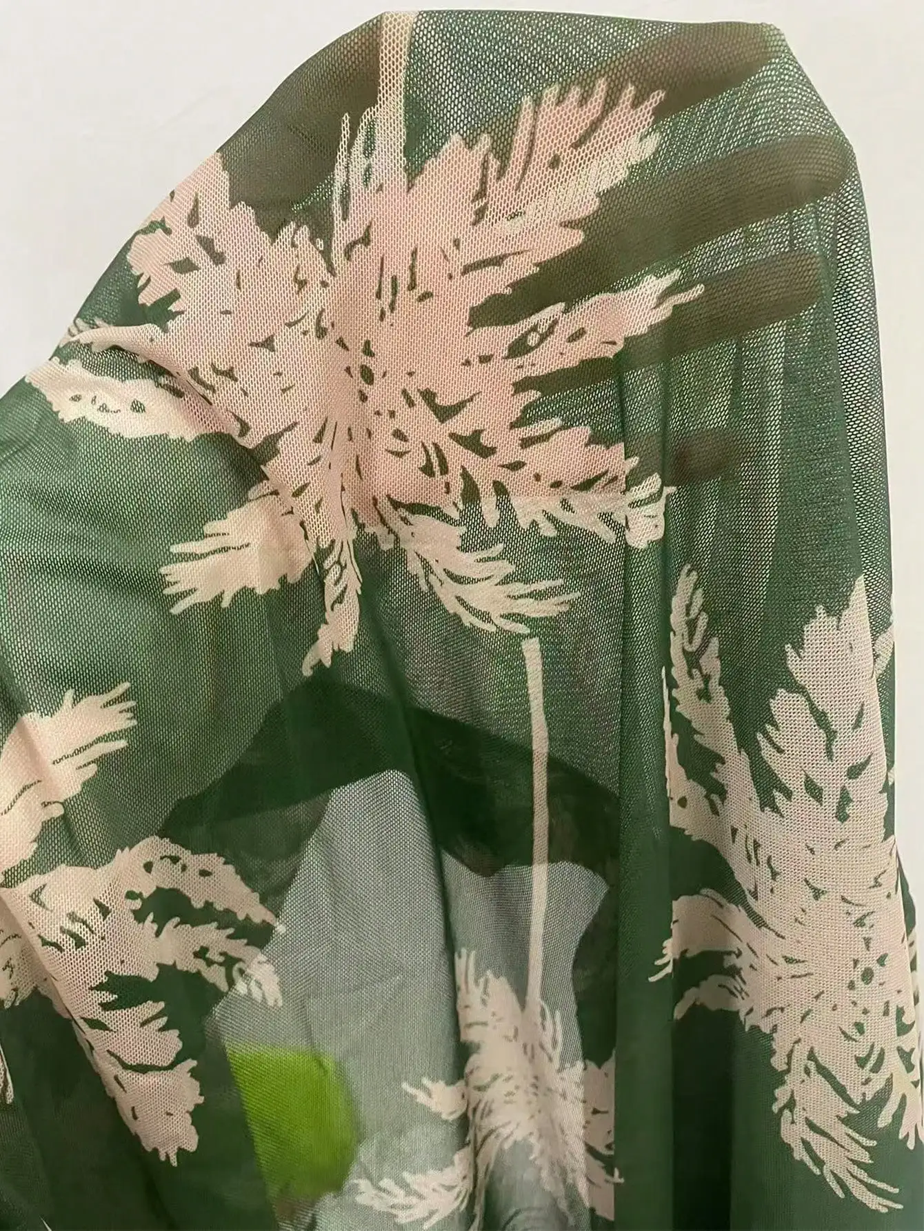 

Women's Beach Cover Up Set Mesh Fabric Palm Tree Print Long Sleeve Kimono Top Drawstring Shorts