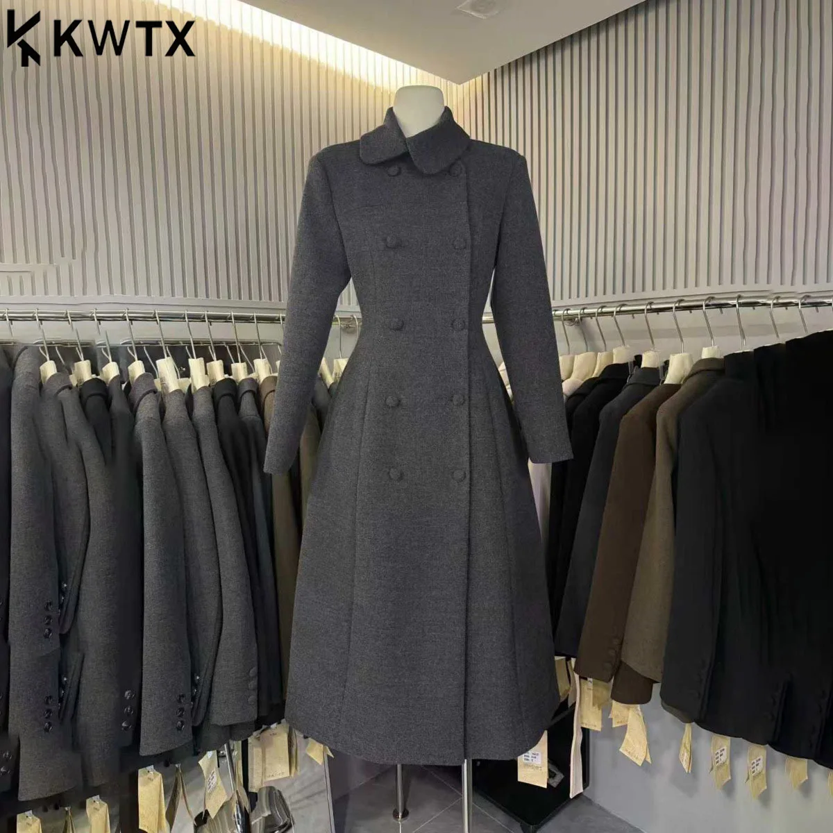 

KWTX 2025 зимний женский шерстяной плащ с асимметричным воротником, двубортный, с поясом на талии, длинная элегантная верхняя одежда