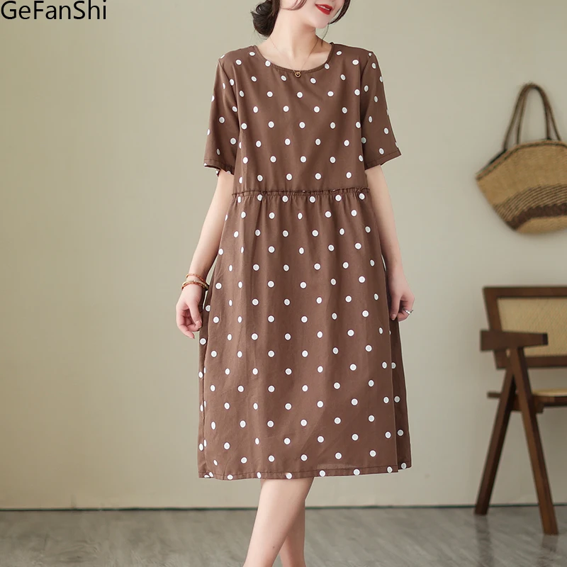 

2023 New Summer Fashion Elegant Dot Brief Short Sleeve O-Neck Dress Women Casual Dresses Vintage Elegant Ladies Clothing