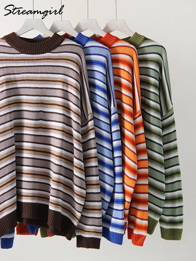 Sweter w paski moda damska cienkie swetry z dzianiny niebieski O Neck luźne swetry damskie z długim rękawem 2024