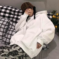 QWEEK Harajuku Oversized Hoodie Women Korean Style White Sweatshirt Preppy Black Pullover Hip Hop Cotton Hooded Streetwear Trend