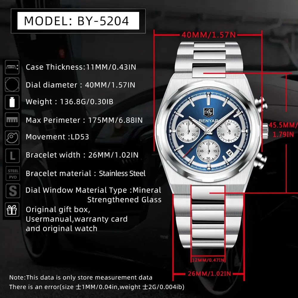 BENYAR 40MM Men's Multifunctional Quartz Watch 30M Waterproof Alloy Case Luxury Fashion Chronometer Running Second Watch
