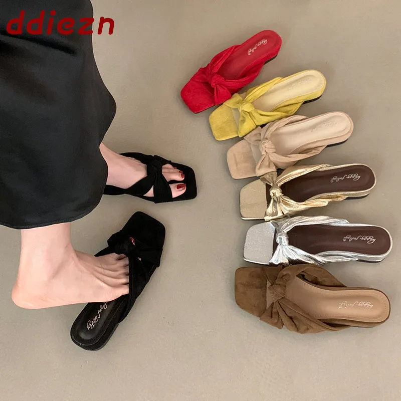 

New Summer Female Slides Shoes For Women Flip Flops Low Heel Slippers Sandals Fashion Square Toe Ladies Shoes Slipper