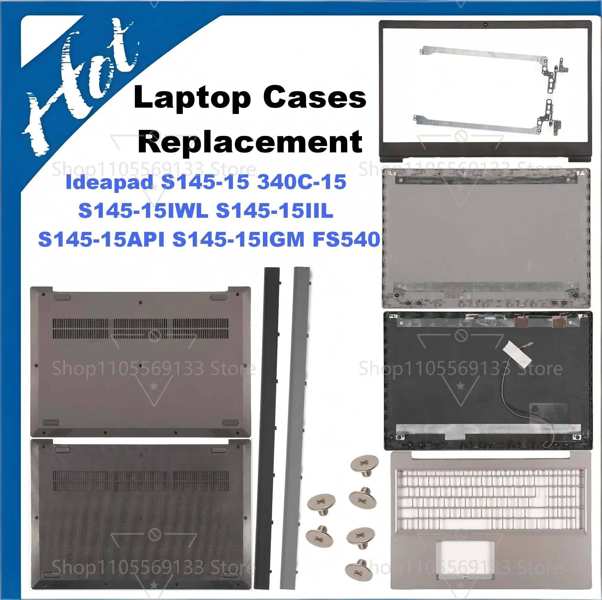 Cubierta de Repuesto para Ideapad S145-15 340C-15 S145-15IWL S145-15IIL S145-15API S145-15IGM FS540: Tapa Trasera, Bisel, Reposamanos, Base Inferior