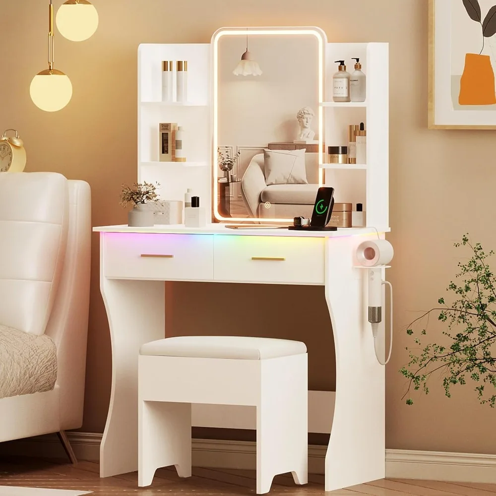 

Dressing Table Set with LED Light Mirror and Power Socket, Small Makeup Dressing Table with Storage Drawer and Chair